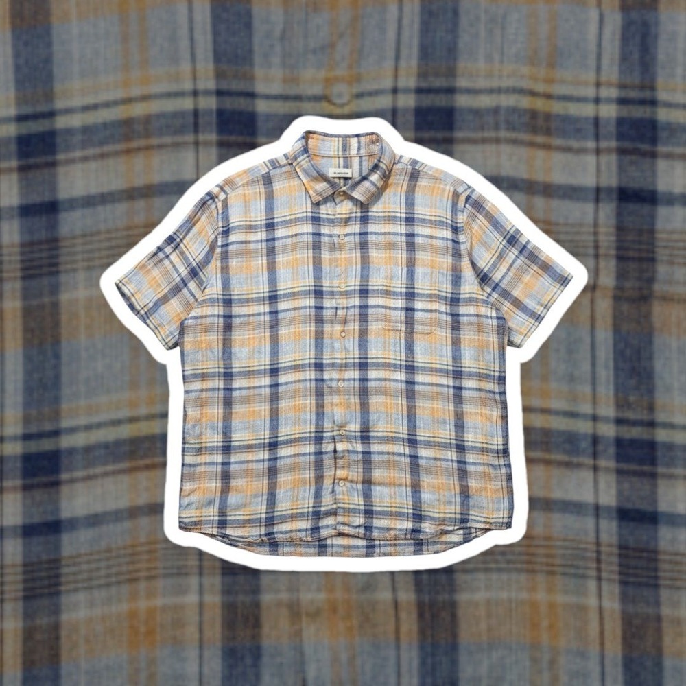 Peter Millar 100% Linen Plaid Short Sleeve Button Up Shirt Blue Orange Mens XL